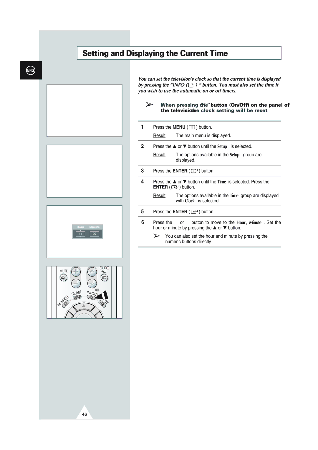 Samsung SP43Q1, SQ47Q1, SP43T8, SP54T8, SP43W6 manual Setting and Displaying the Current Time 