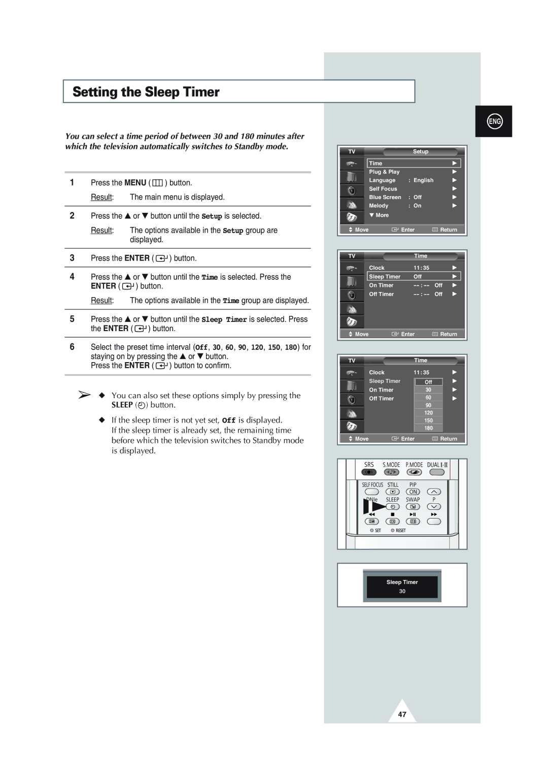 Samsung SP43Q1, SQ47Q1, SP43T8, SP54T8, SP43W6 manual Setting the Sleep Timer 