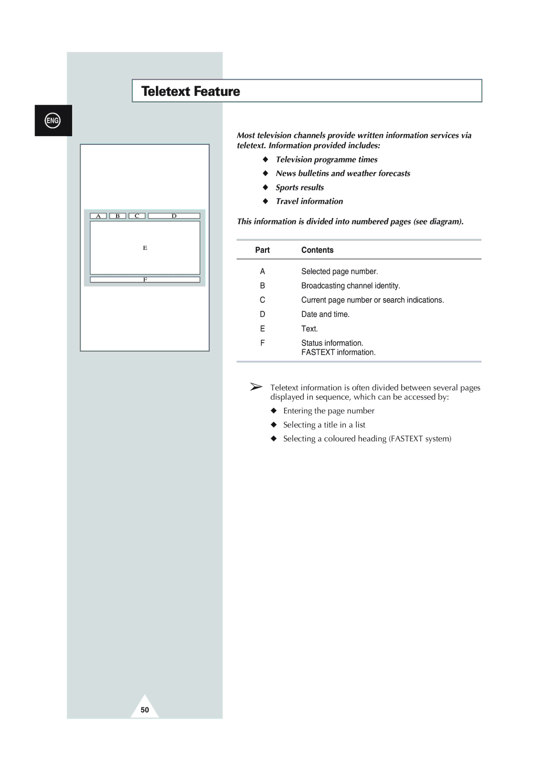 Samsung SP43Q1, SQ47Q1, SP43T8, SP54T8, SP43W6 manual Teletext Feature, Part Contents 