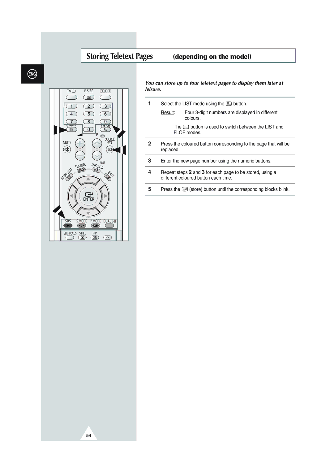 Samsung SP43Q1, SQ47Q1, SP43T8, SP54T8, SP43W6 manual Storing Teletext Pages depending on the model 