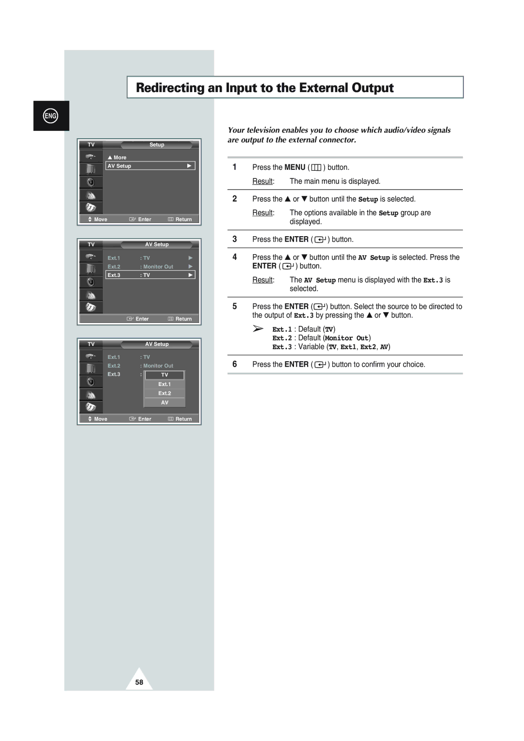 Samsung SP43Q1, SQ47Q1, SP43T8, SP54T8, SP43W6 manual Redirecting an Input to the External Output 