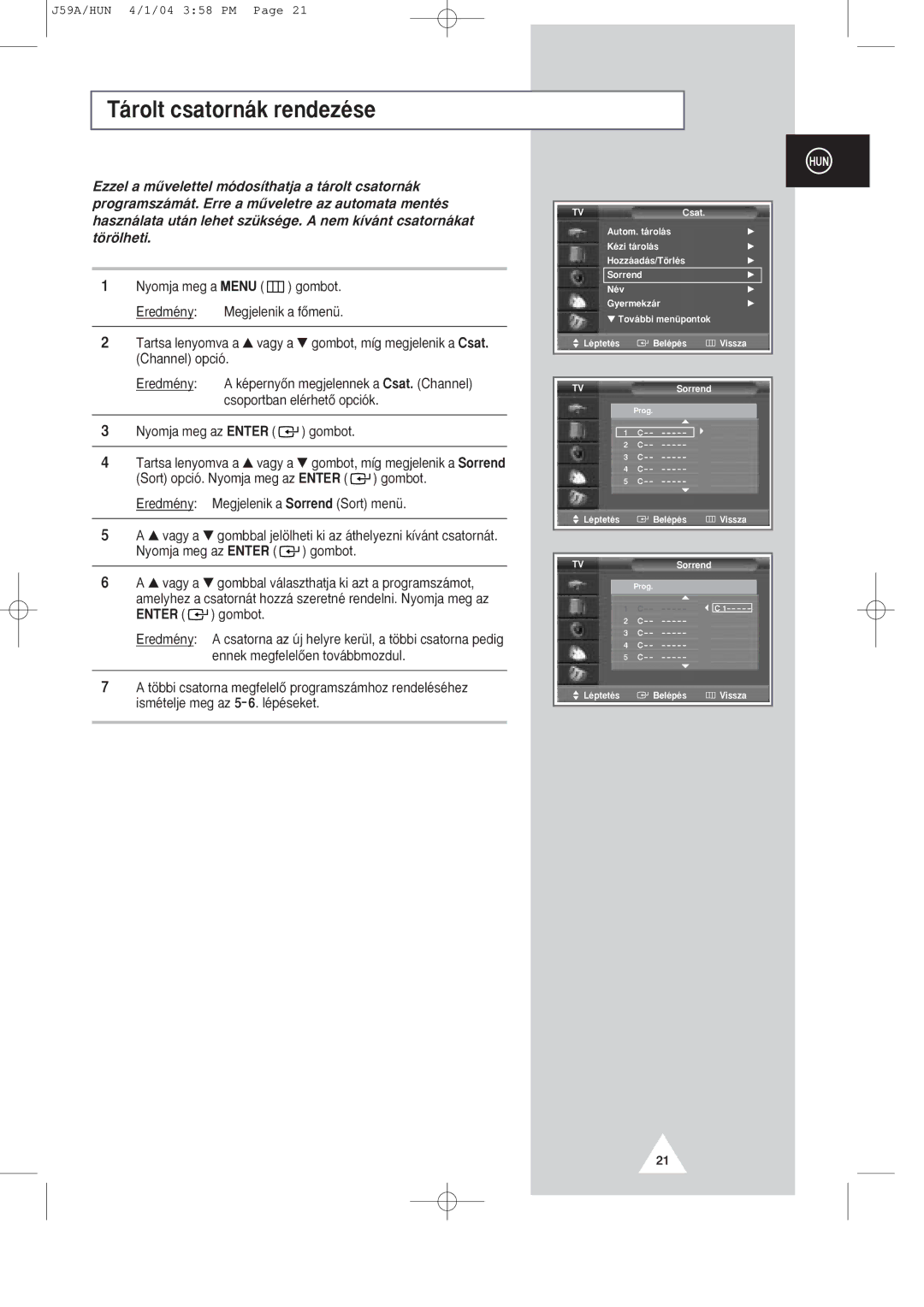 Samsung SP43Q1/47Q1, SP43T8/54T8 manual ‡rolt csatorn‡k rendezŽse 