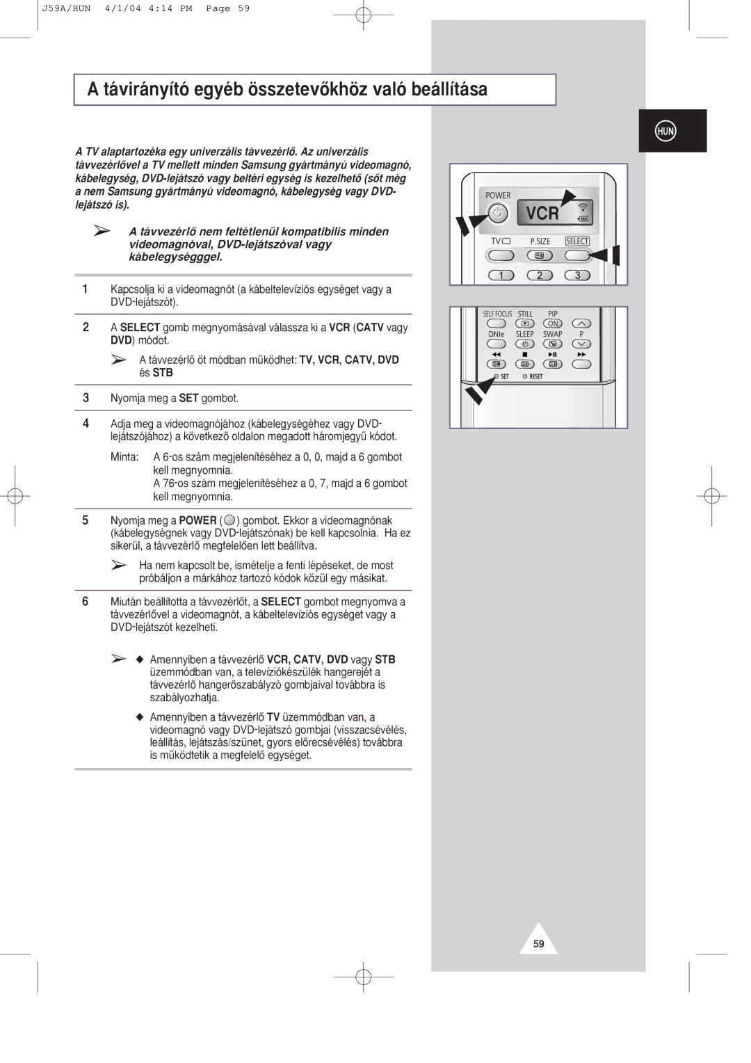 Samsung SP43Q1/47Q1, SP43T8/54T8 manual ‡vir‡ny’t- egyŽb šsszetevÎkhšz val- be‡ll’t‡sa 