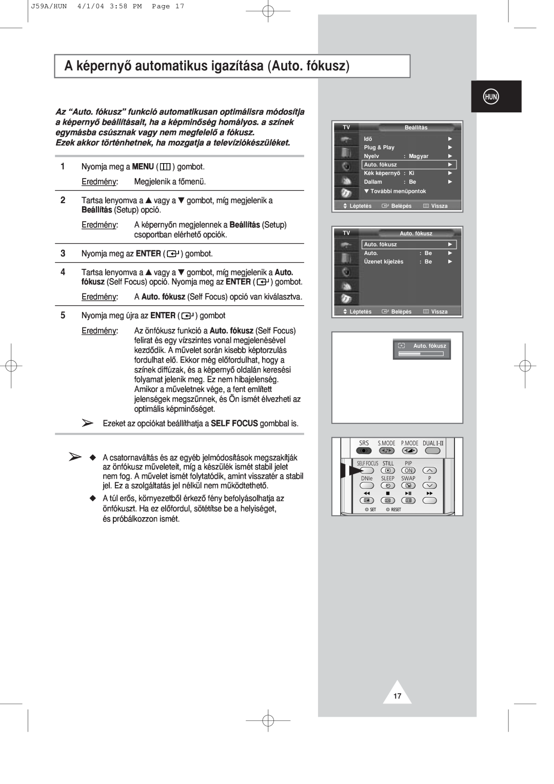 Samsung SP43Q1/47Q1, SP43T8/54T8 manual A kŽpernyÎ automatikus igaz’t‡sa Auto. f-kusz 
