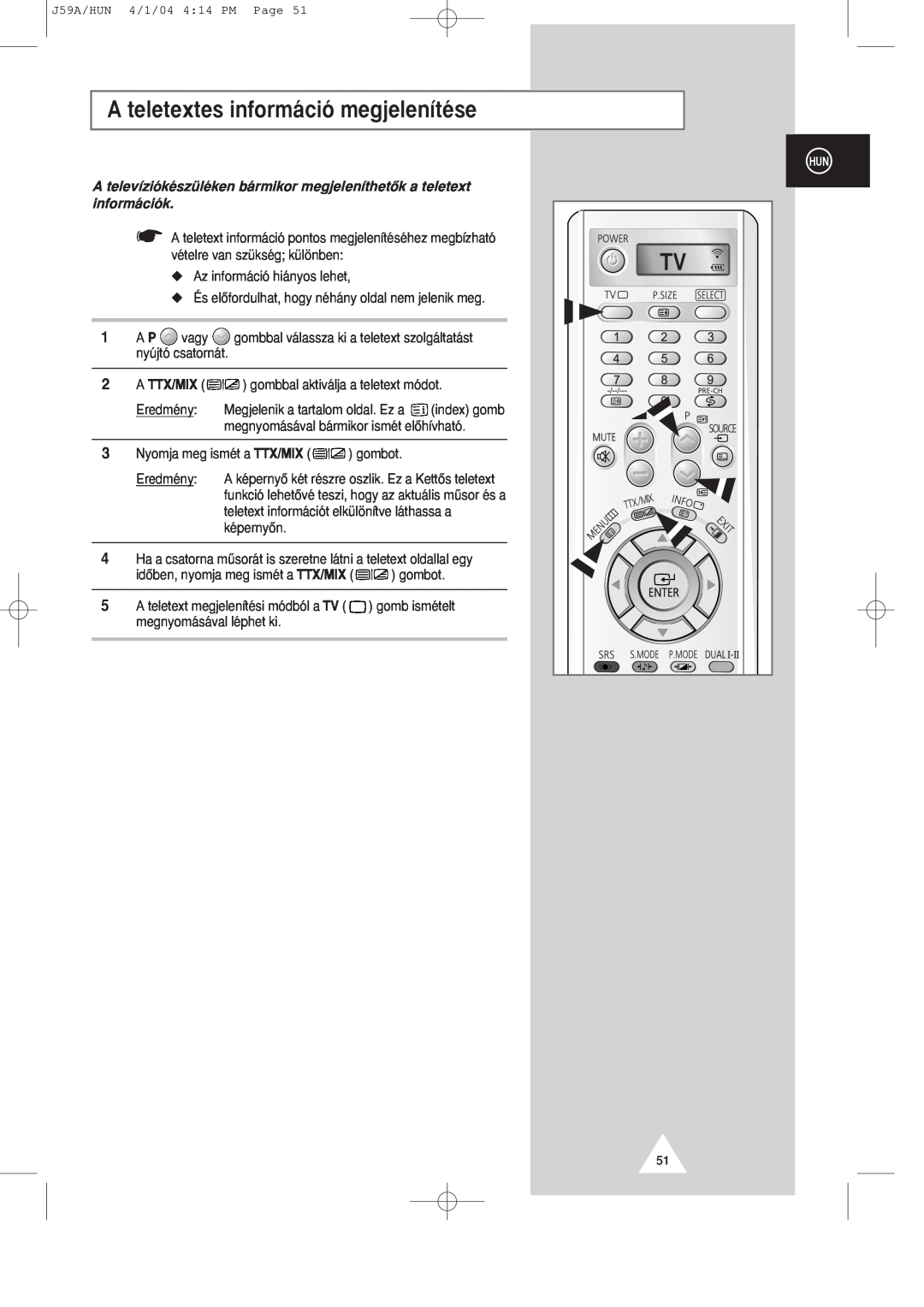 Samsung SP43Q1/47Q1, SP43T8/54T8 manual A teletextes inform‡ci- megjelen’tŽse 