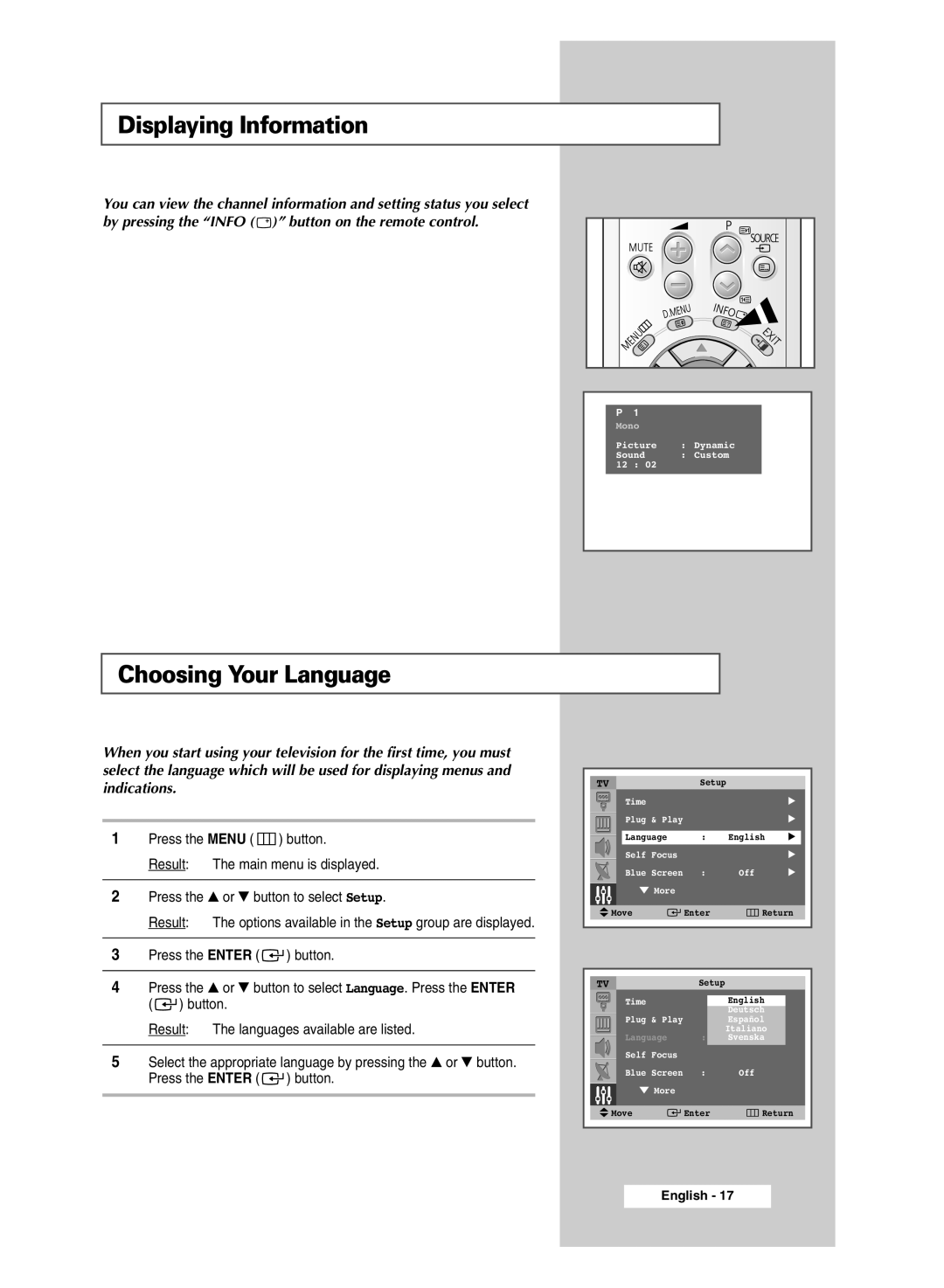 Samsung SP43Q5 manual Displaying Information, Choosing Your Language 