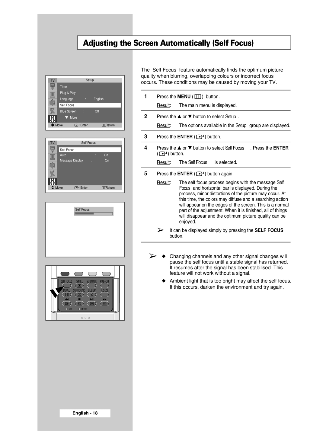 Samsung SP43Q5 Adjusting the Screen Automatically Self Focus, It can be displayed simply by pressing the Self Focus button 