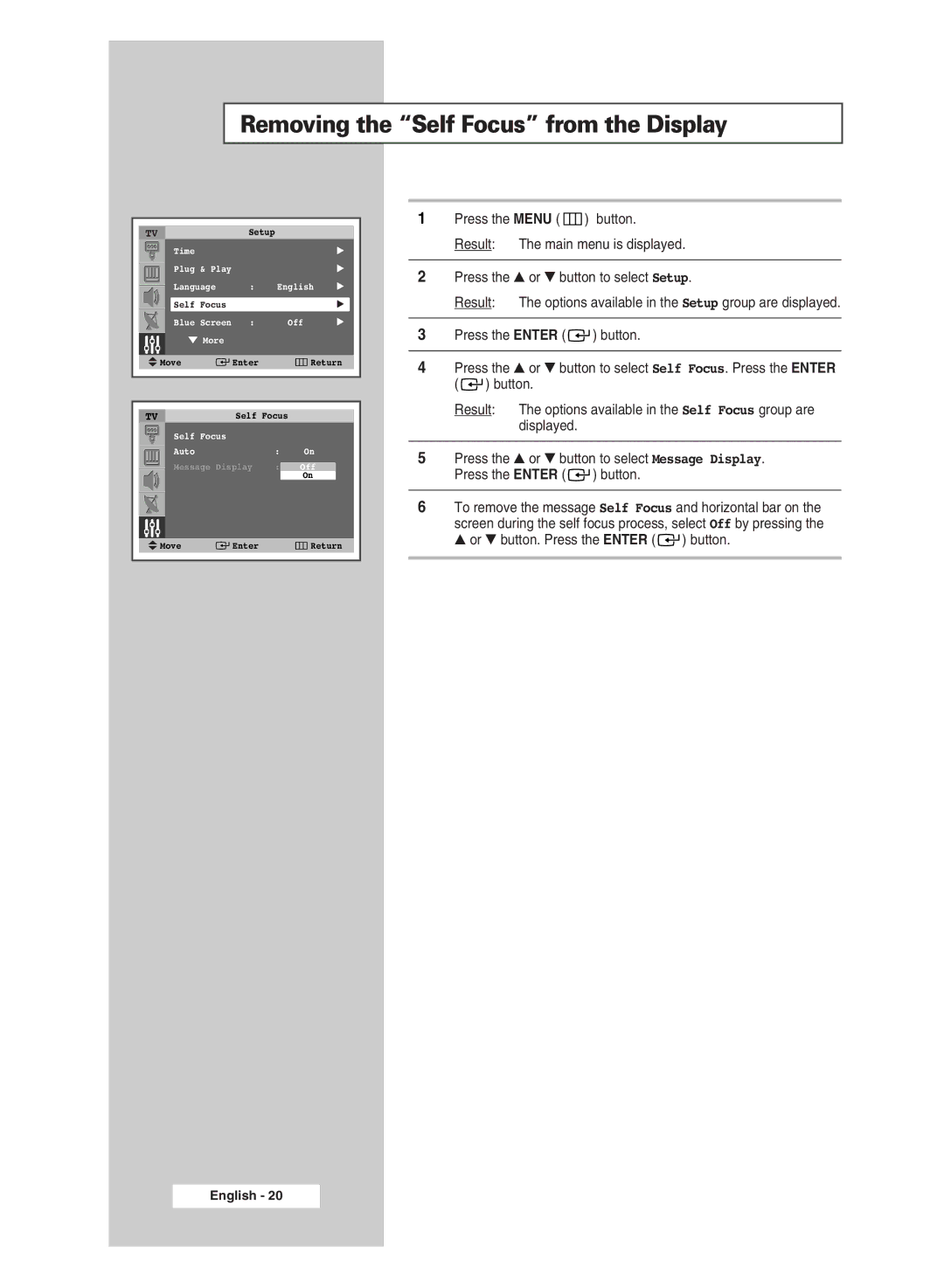 Samsung SP43Q5 manual Removing the Self Focus from the Display 