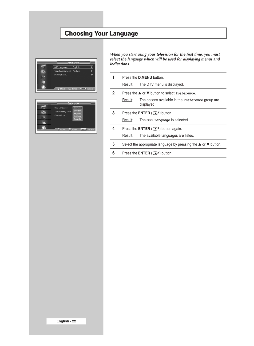 Samsung SP43Q5 manual Choosing Your Language 