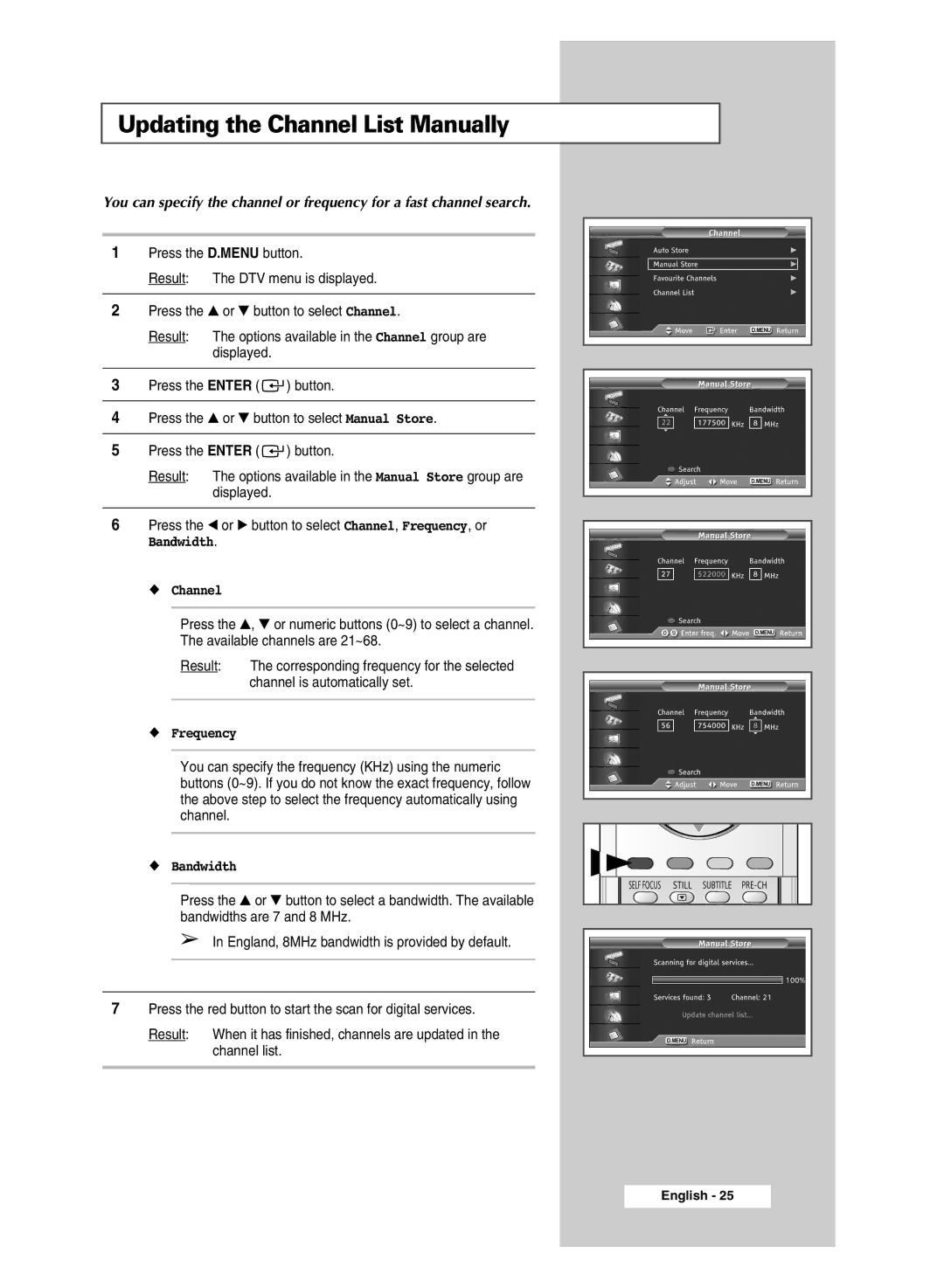 Samsung SP43Q5 manual Updating the Channel List Manually, Bandwidth Channel 