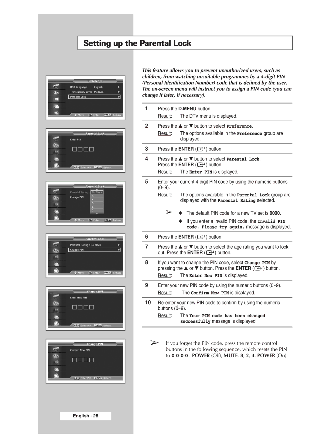 Samsung SP43Q5 manual Setting up the Parental Lock, Default PIN code for a new TV set is 