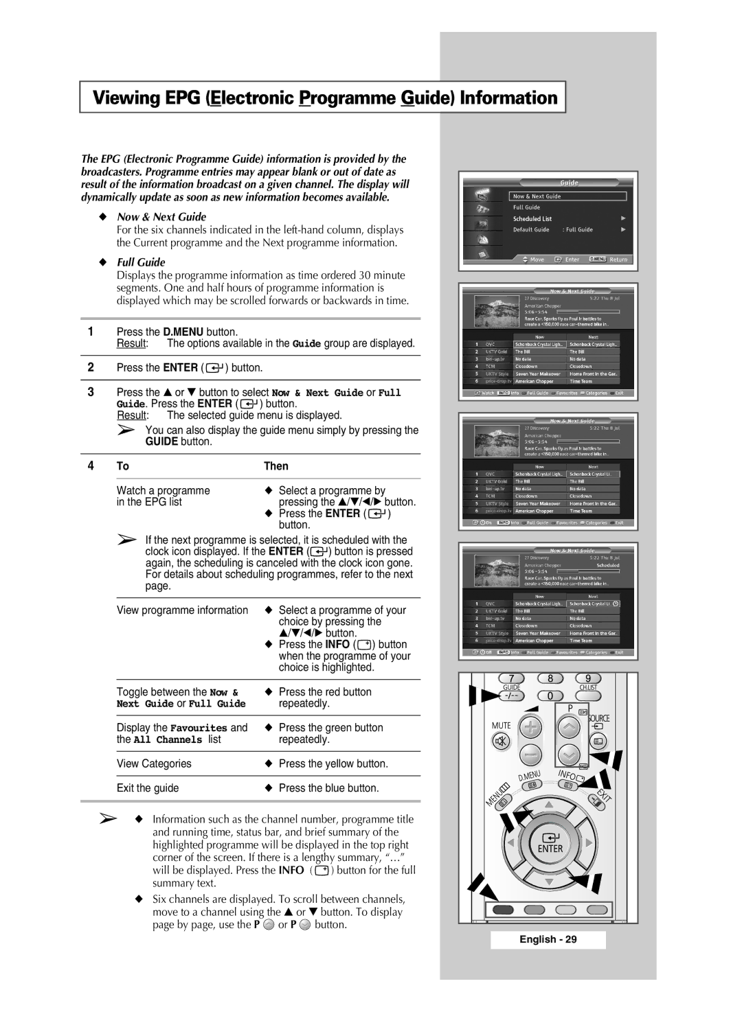 Samsung SP43Q5 manual Viewing EPG Electronic Programme Guide Information, Now & Next Guide, Full Guide, Then 