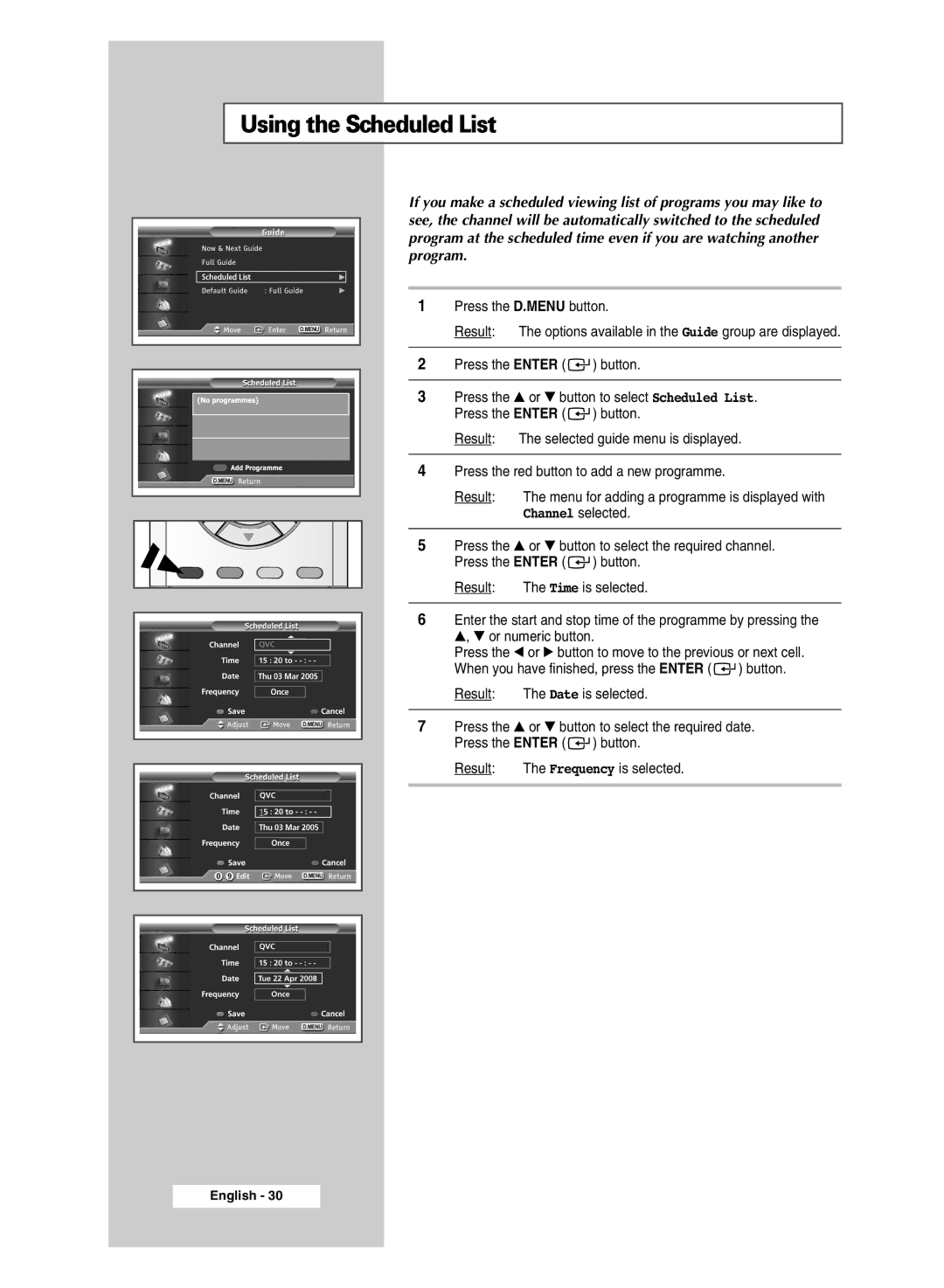 Samsung SP43Q5 manual Using the Scheduled List 