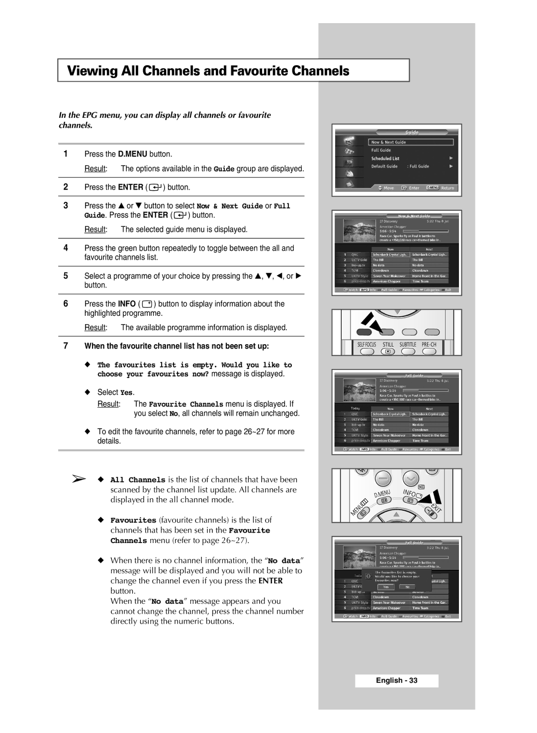 Samsung SP43Q5 manual Viewing All Channels and Favourite Channels, When the favourite channel list has not been set up 