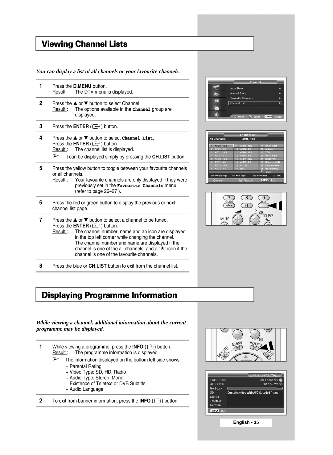 Samsung SP43Q5 manual Viewing Channel Lists, Displaying Programme Information 