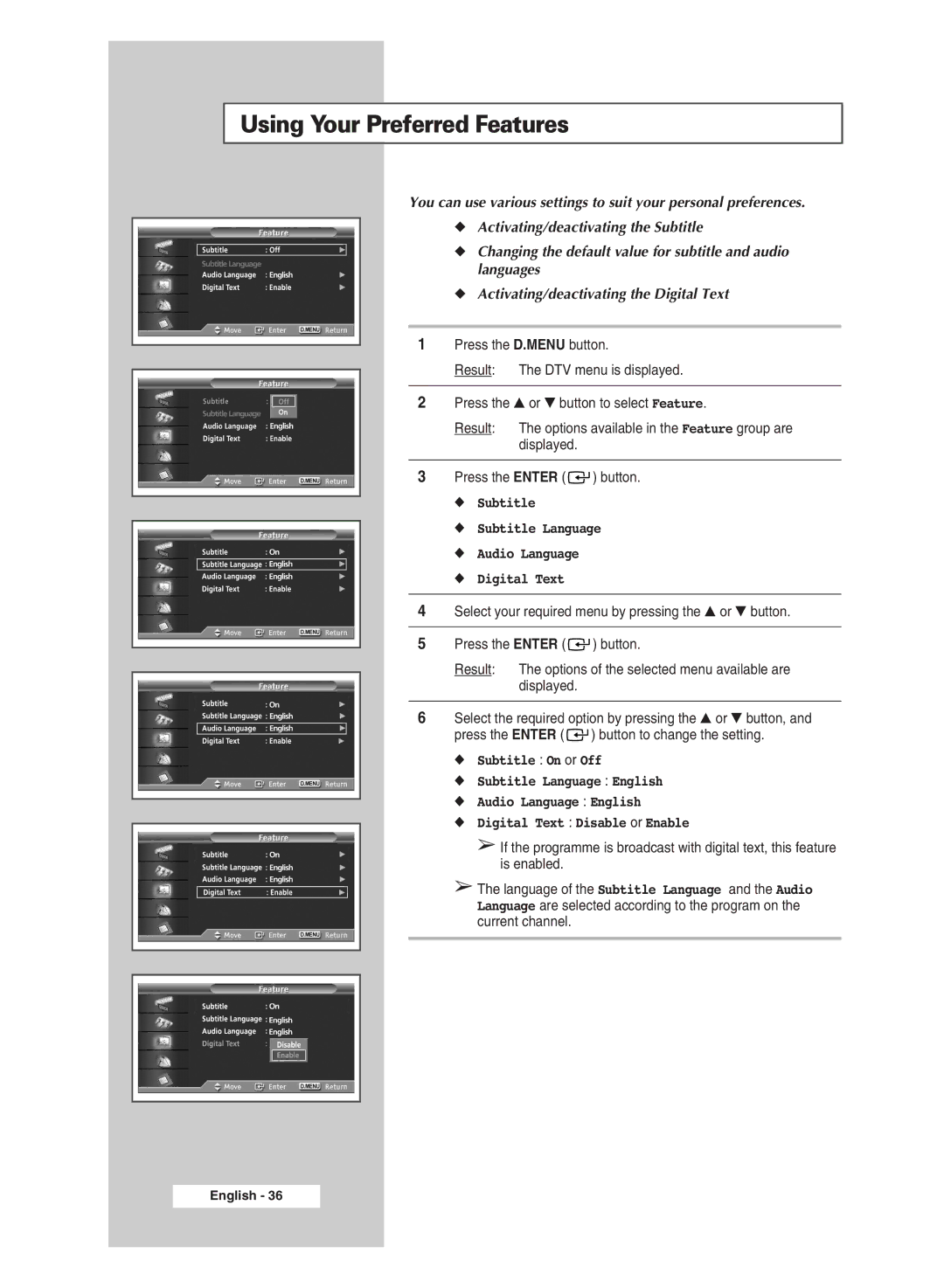 Samsung SP43Q5 manual Using Your Preferred Features, Subtitle Subtitle Language Audio Language Digital Text 