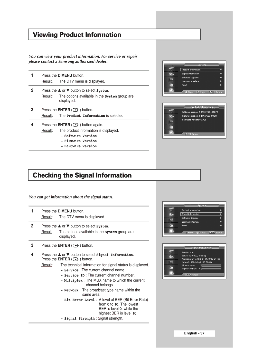 Samsung SP43Q5 manual Viewing Product Information, Checking the Signal Information 