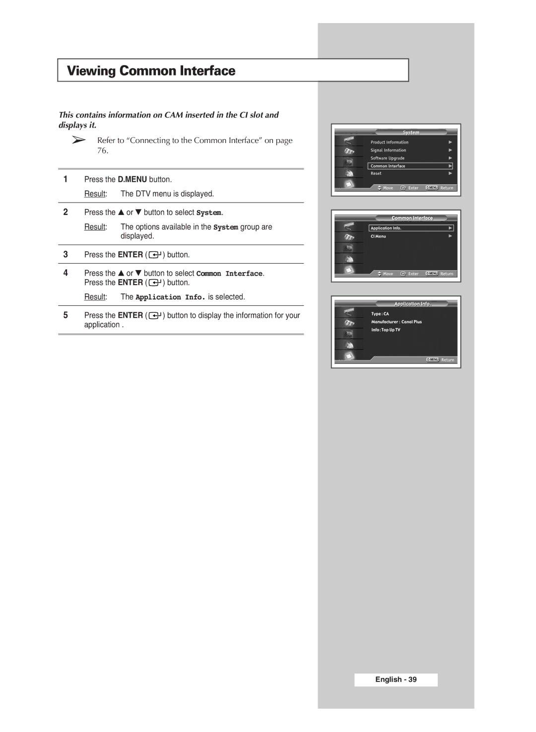 Samsung SP43Q5 manual Viewing Common Interface 