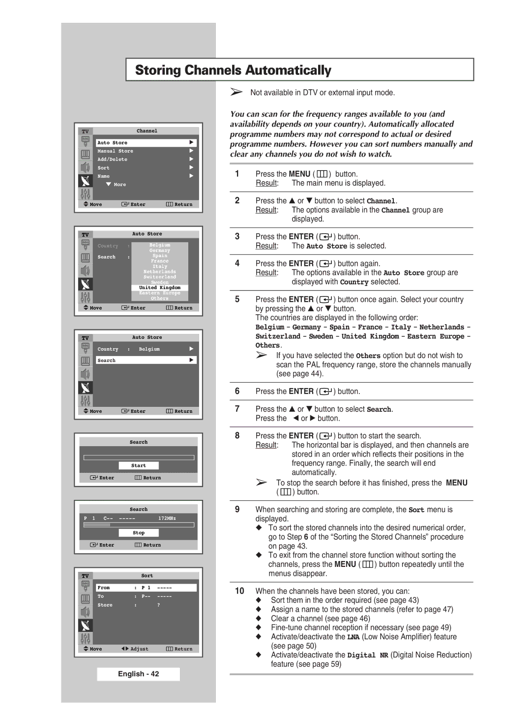 Samsung SP43Q5 manual Storing Channels Automatically, Not available in DTV or external input mode 