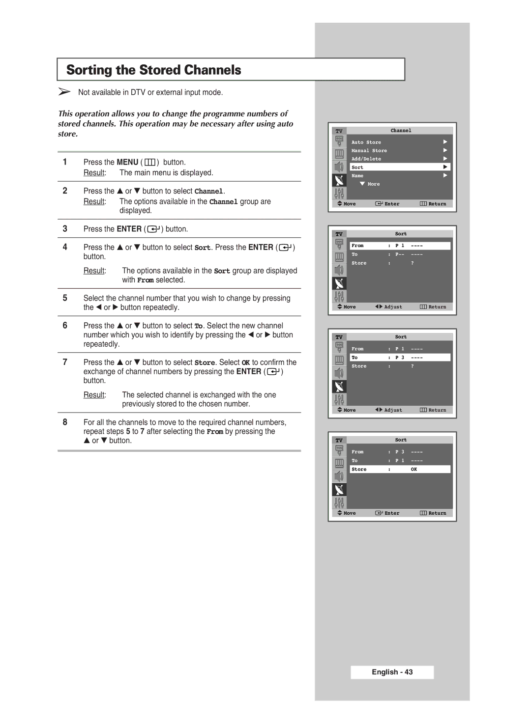 Samsung SP43Q5 manual Sorting the Stored Channels, Exchange of channel numbers by pressing the Enter button 