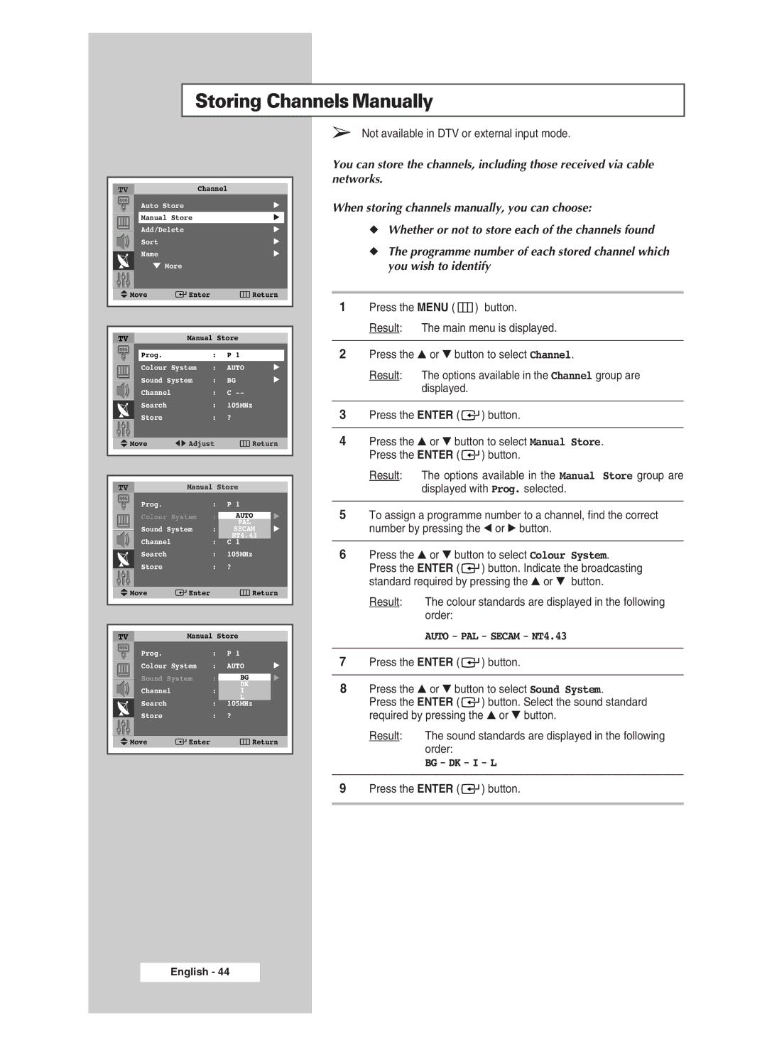 Samsung SP43Q5 manual Storing Channels Manually, Auto 