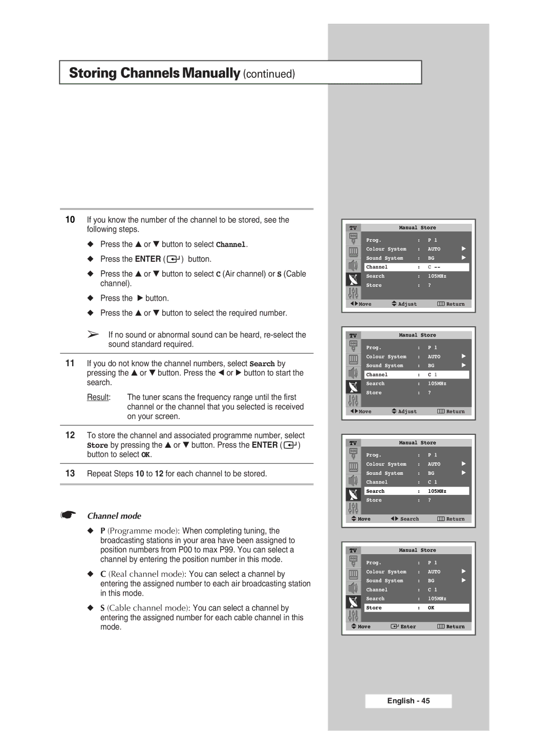 Samsung SP43Q5 manual Channel mode 