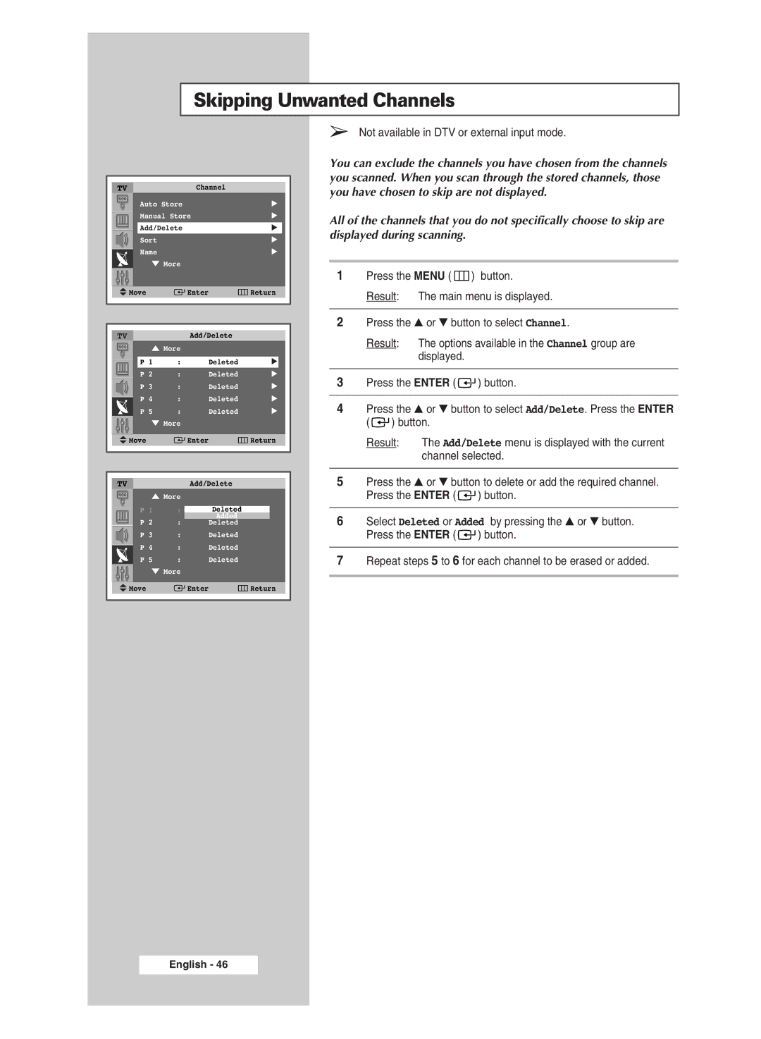 Samsung SP43Q5 manual Skipping Unwanted Channels 