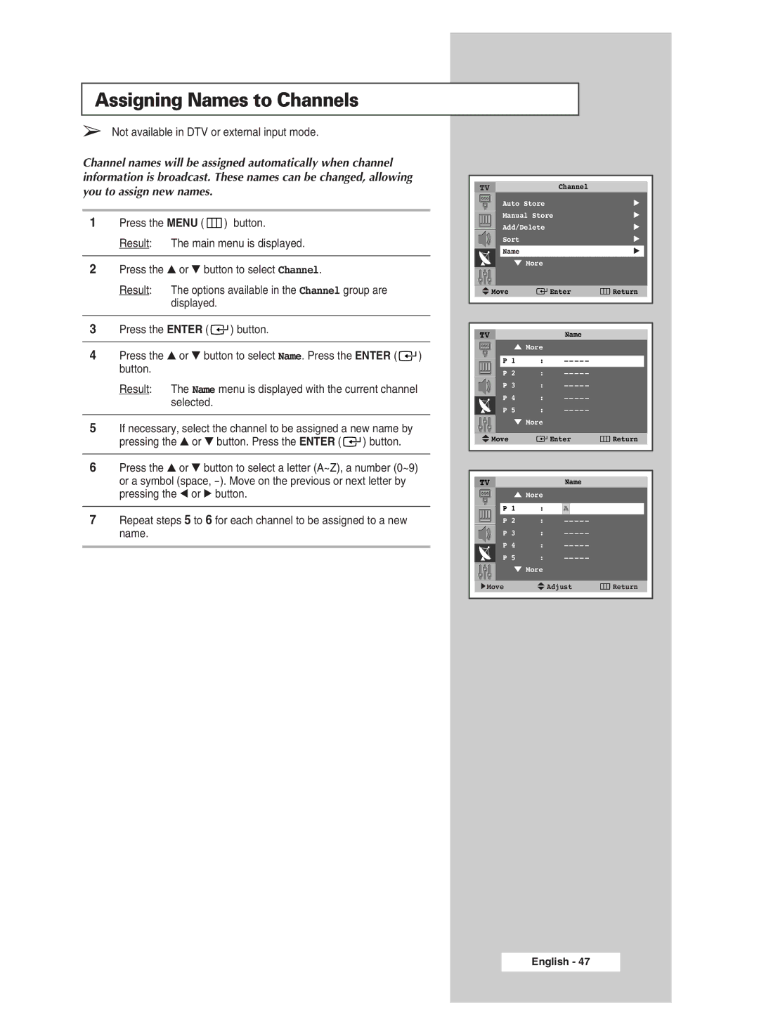 Samsung SP43Q5 manual Assigning Names to Channels 