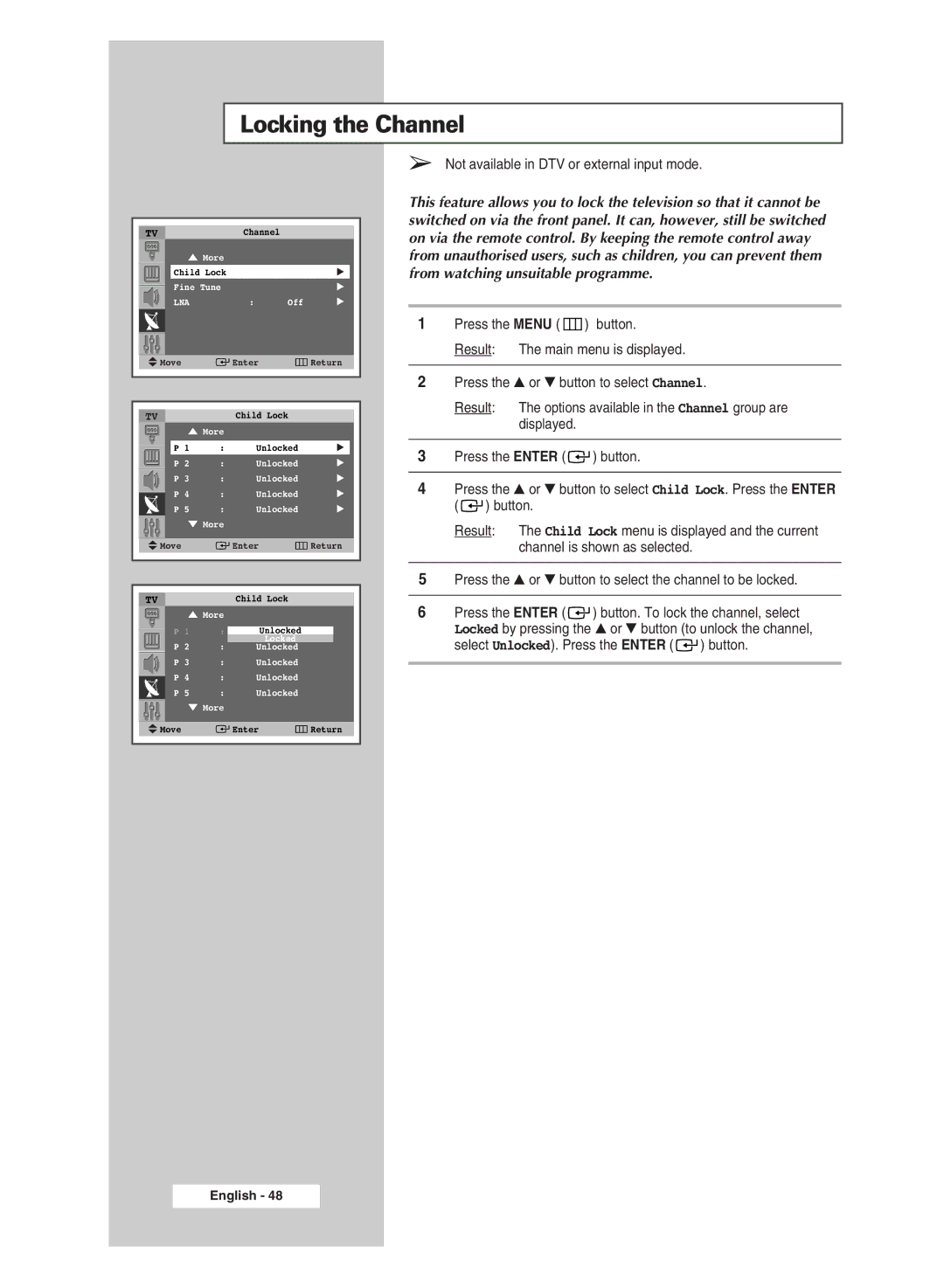 Samsung SP43Q5 manual Locking the Channel, Lna 