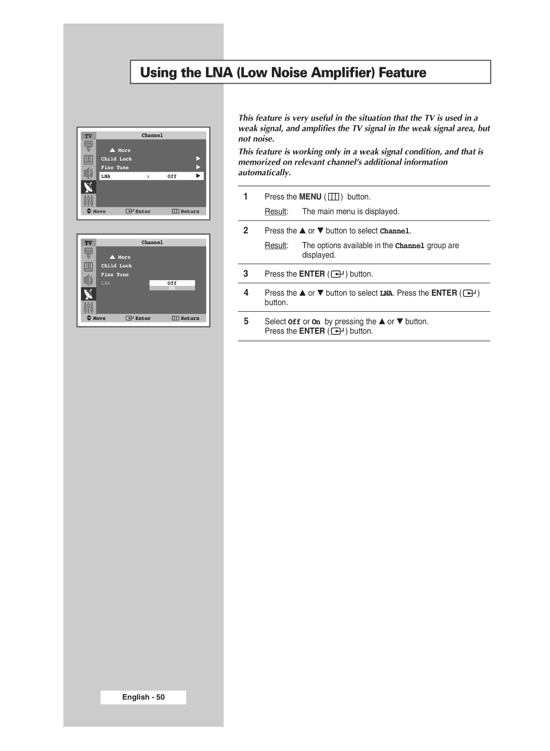 Samsung SP43Q5 manual Using the LNA Low Noise Amplifier Feature 