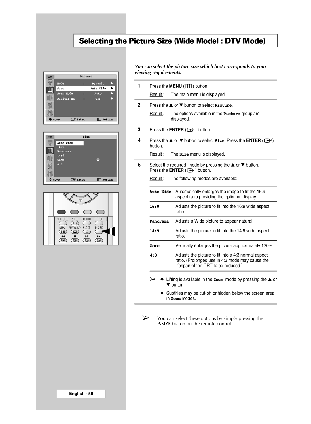 Samsung SP43Q5 manual Selecting the Picture Size Wide Model DTV Mode, Zoom 