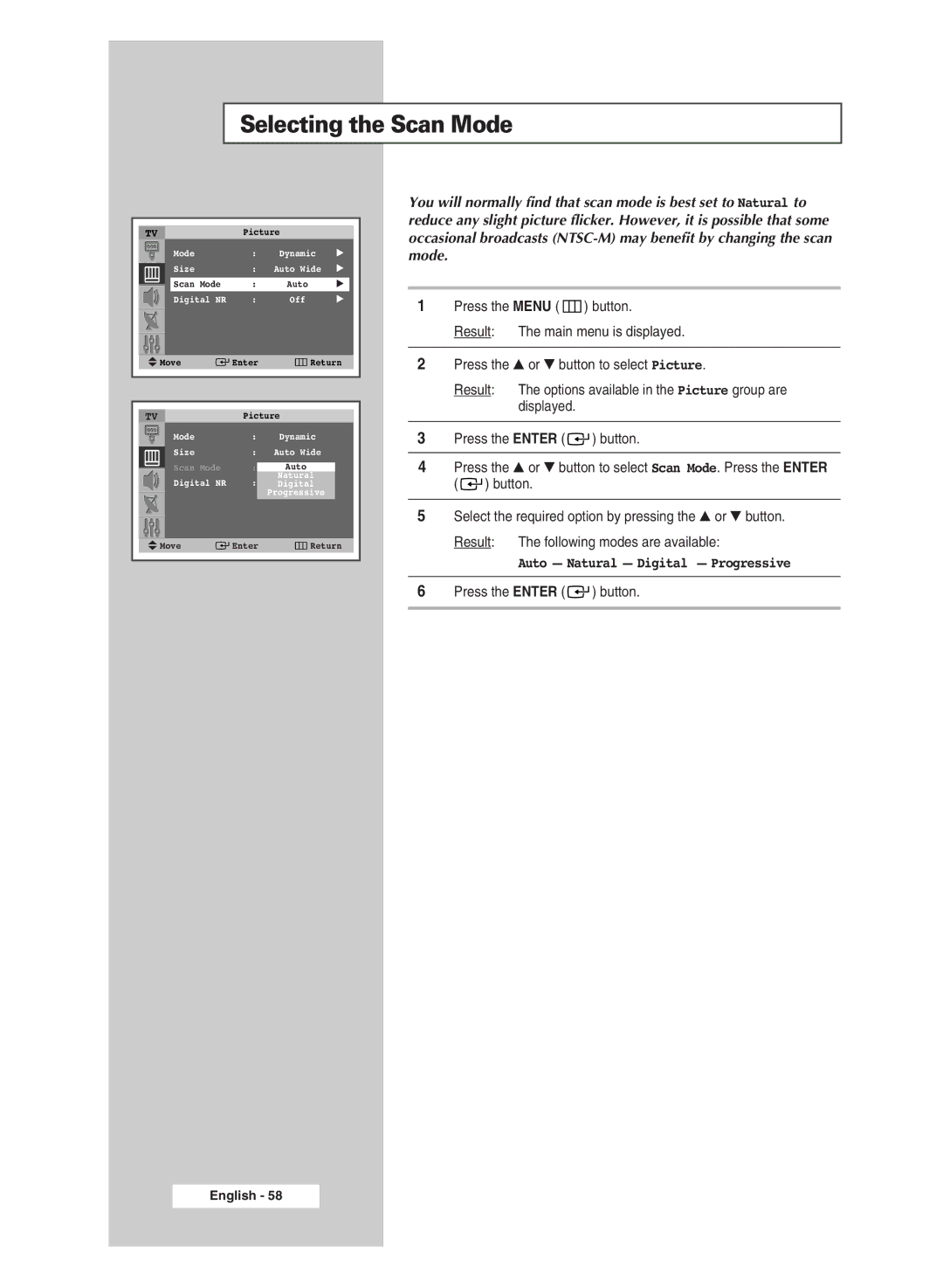 Samsung SP43Q5 manual Selecting the Scan Mode 