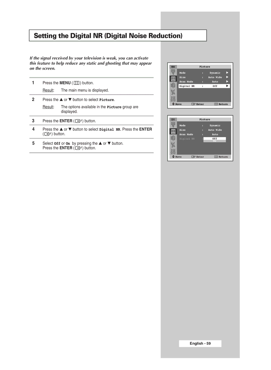 Samsung SP43Q5 manual Setting the Digital NR Digital Noise Reduction 