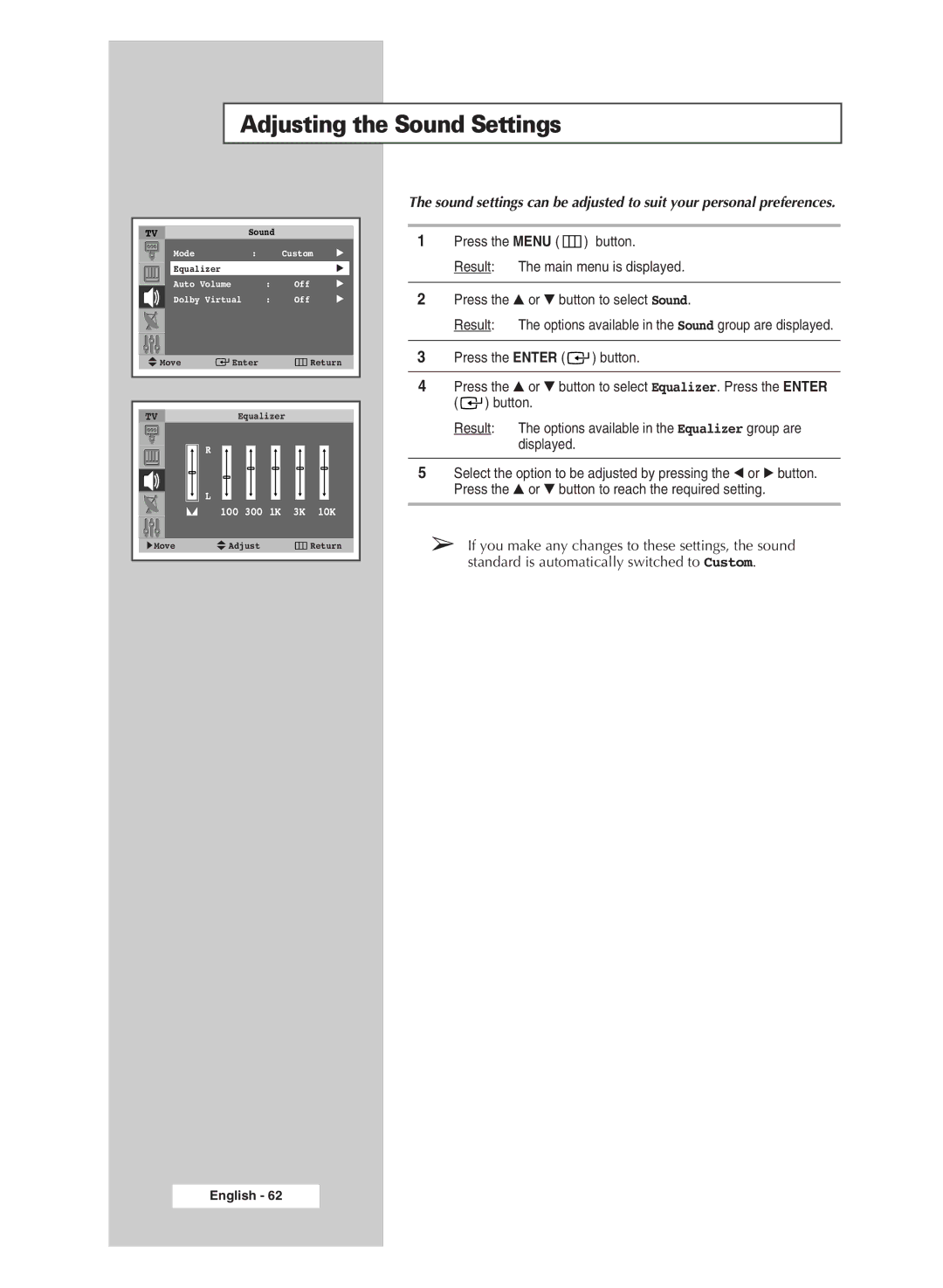 Samsung SP43Q5 manual Adjusting the Sound Settings 