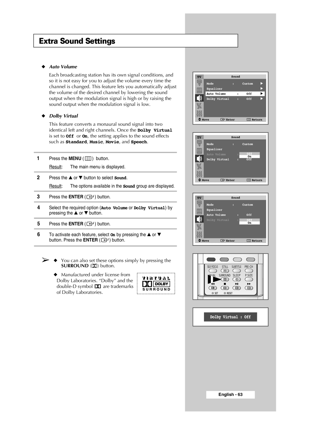 Samsung SP43Q5 manual Extra Sound Settings, Auto Volume, Dolby Virtual 