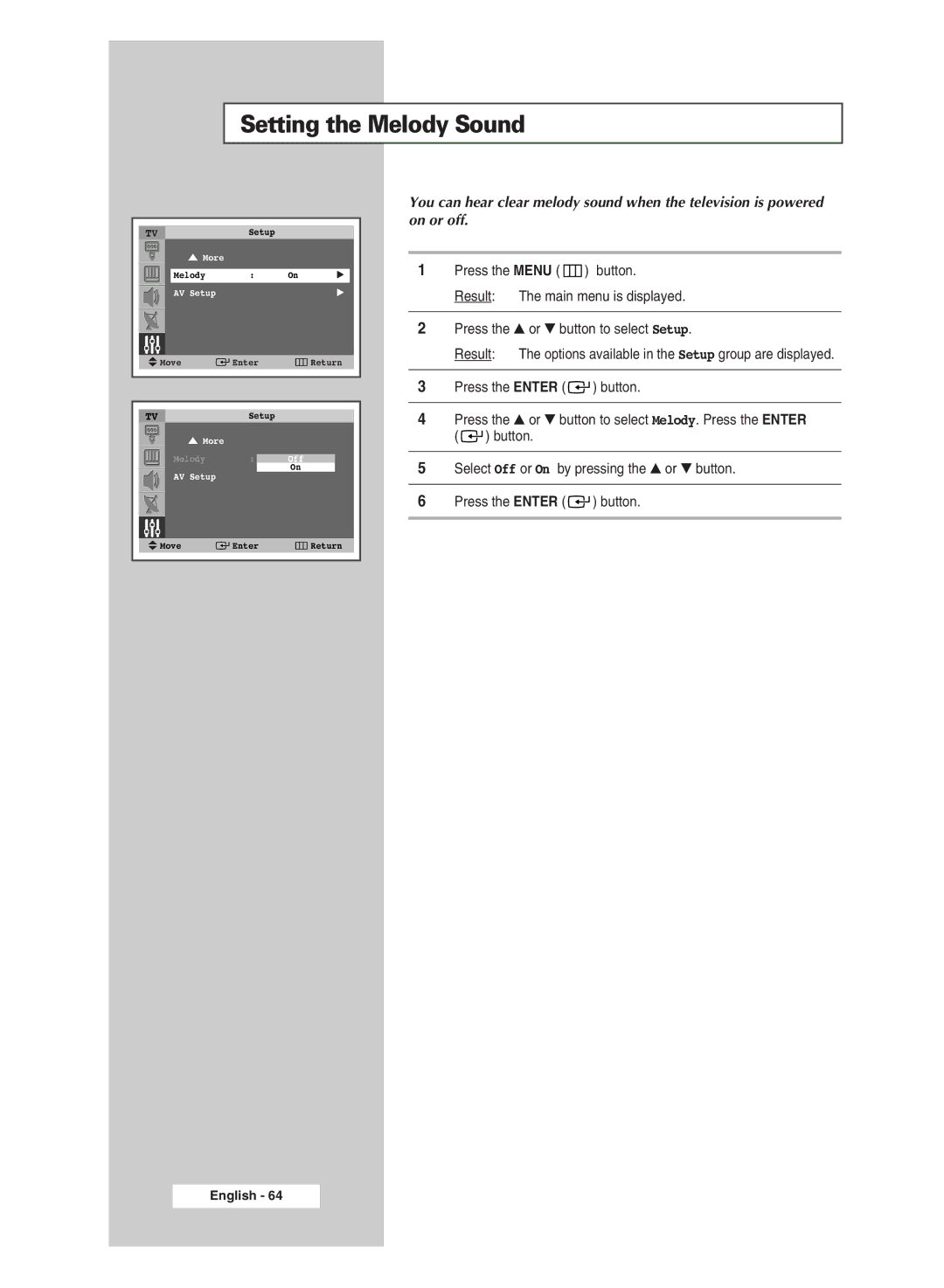 Samsung SP43Q5 manual Setting the Melody Sound 