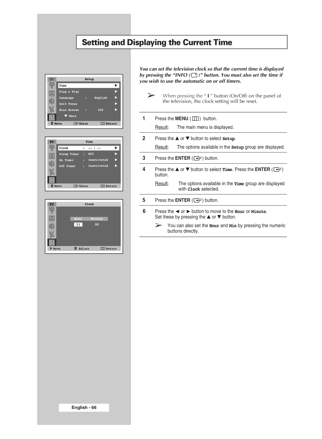 Samsung SP43Q5 manual Setting and Displaying the Current Time 