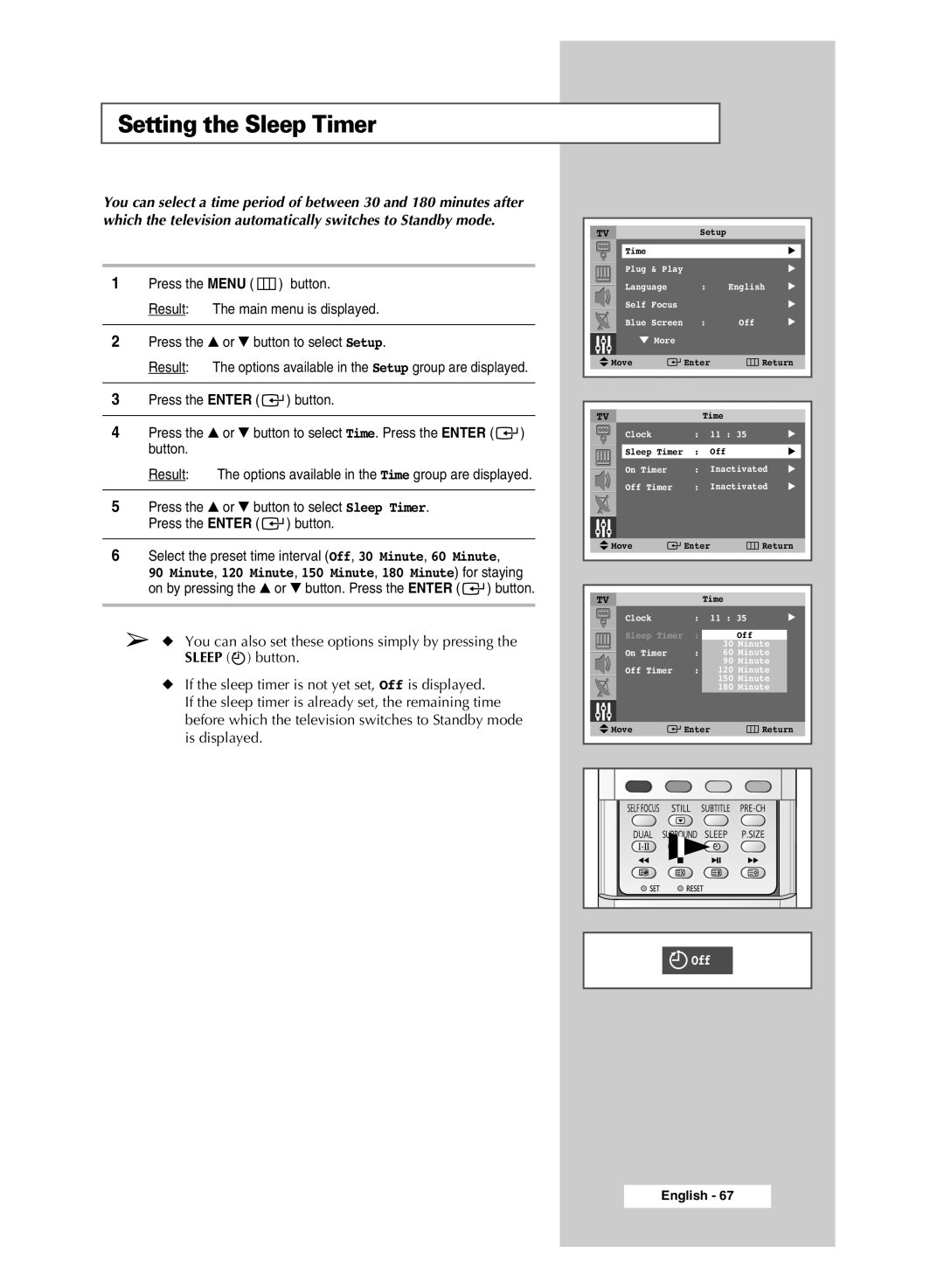 Samsung SP43Q5 manual Setting the Sleep Timer 