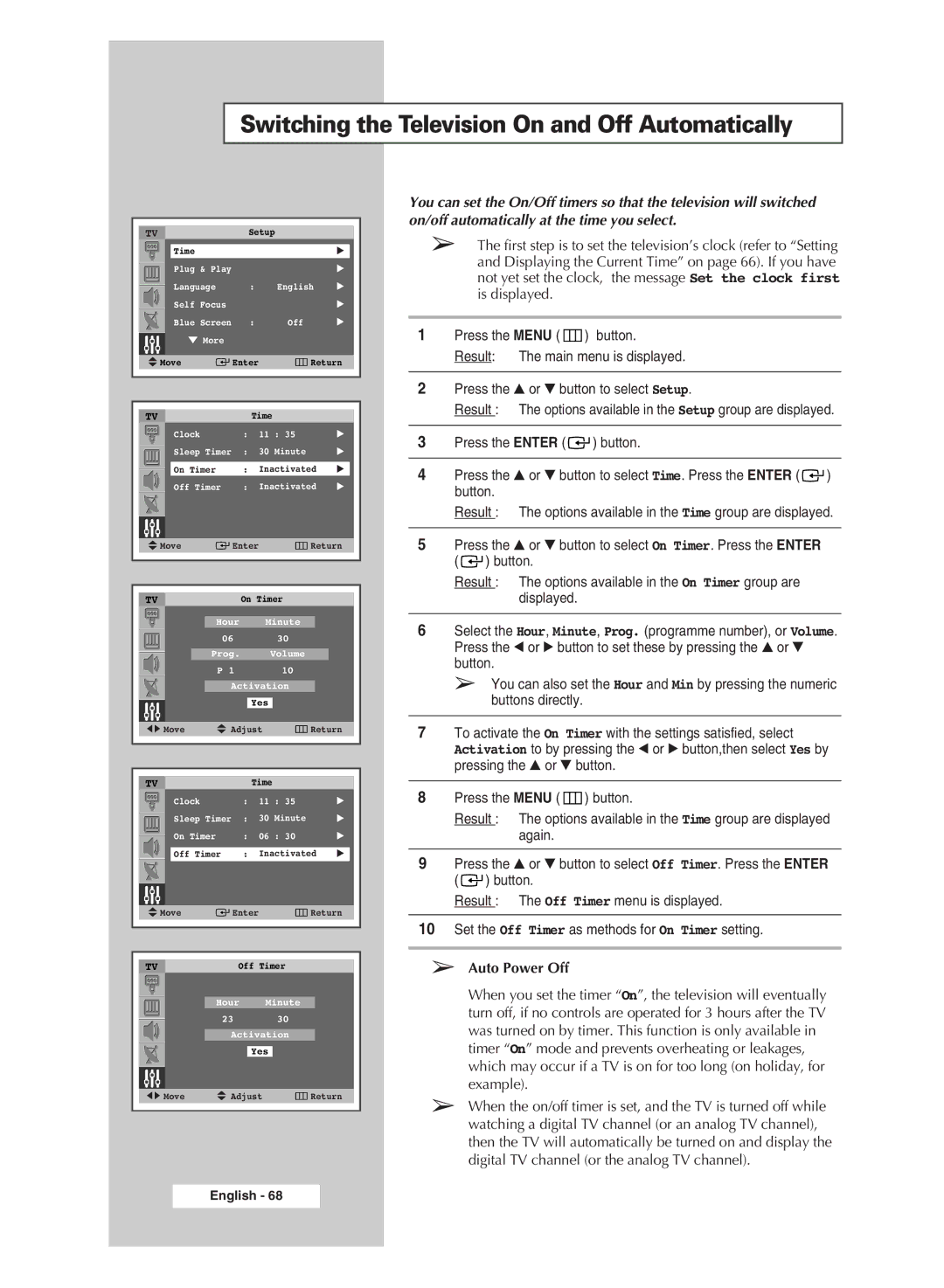 Samsung SP43Q5 manual Switching the Television On and Off Automatically, Auto Power Off 