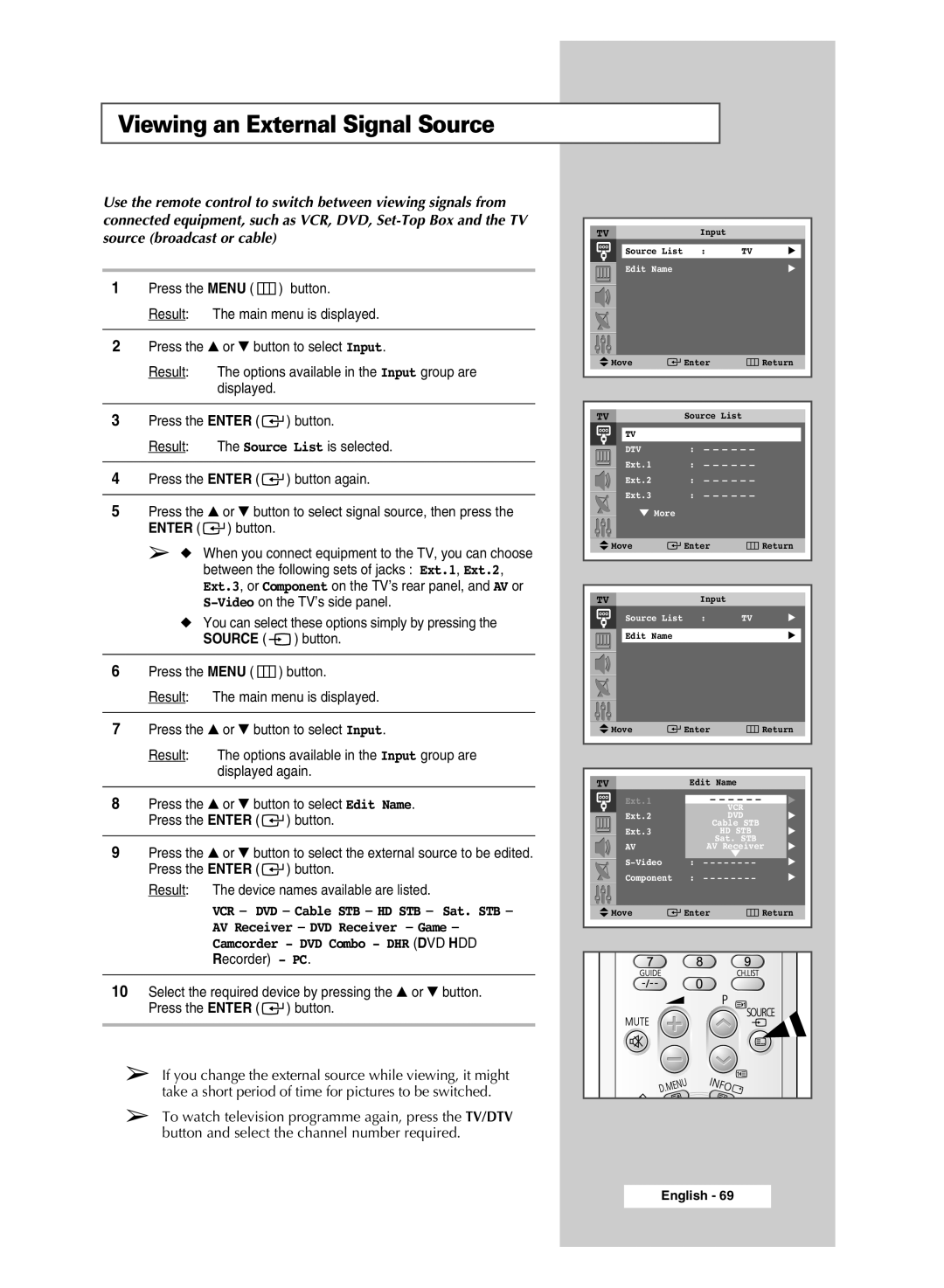 Samsung SP43Q5 manual Viewing an External Signal Source, Dtv 