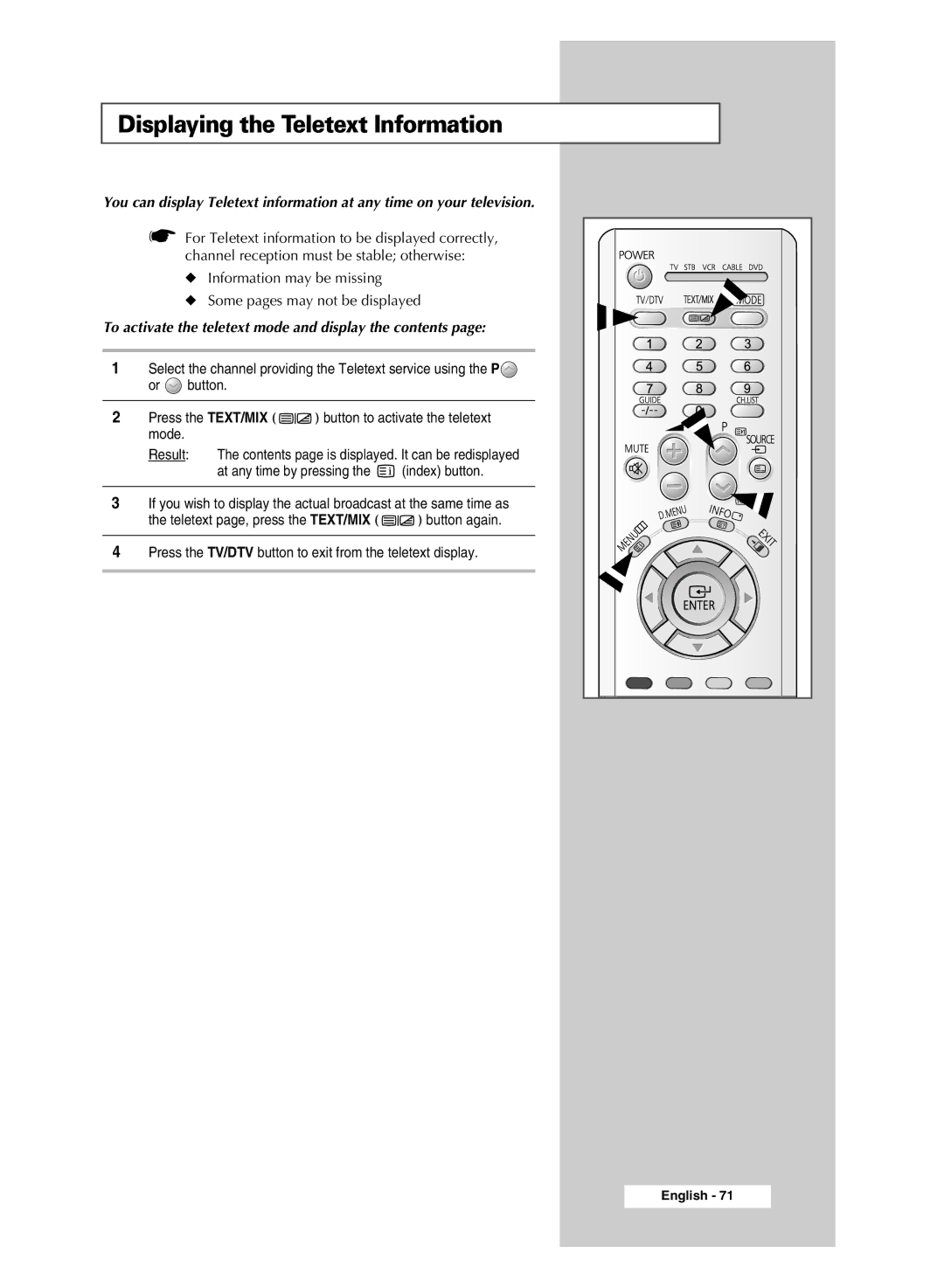 Samsung SP43Q5 manual Displaying the Teletext Information, To activate the teletext mode and display the contents 