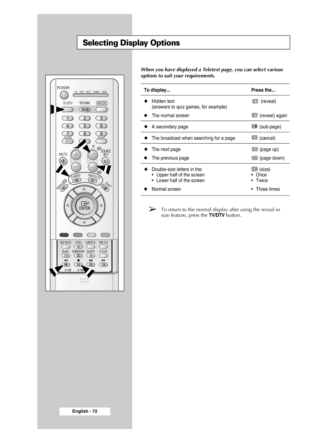 Samsung SP43Q5 manual Selecting Display Options, To display Press 