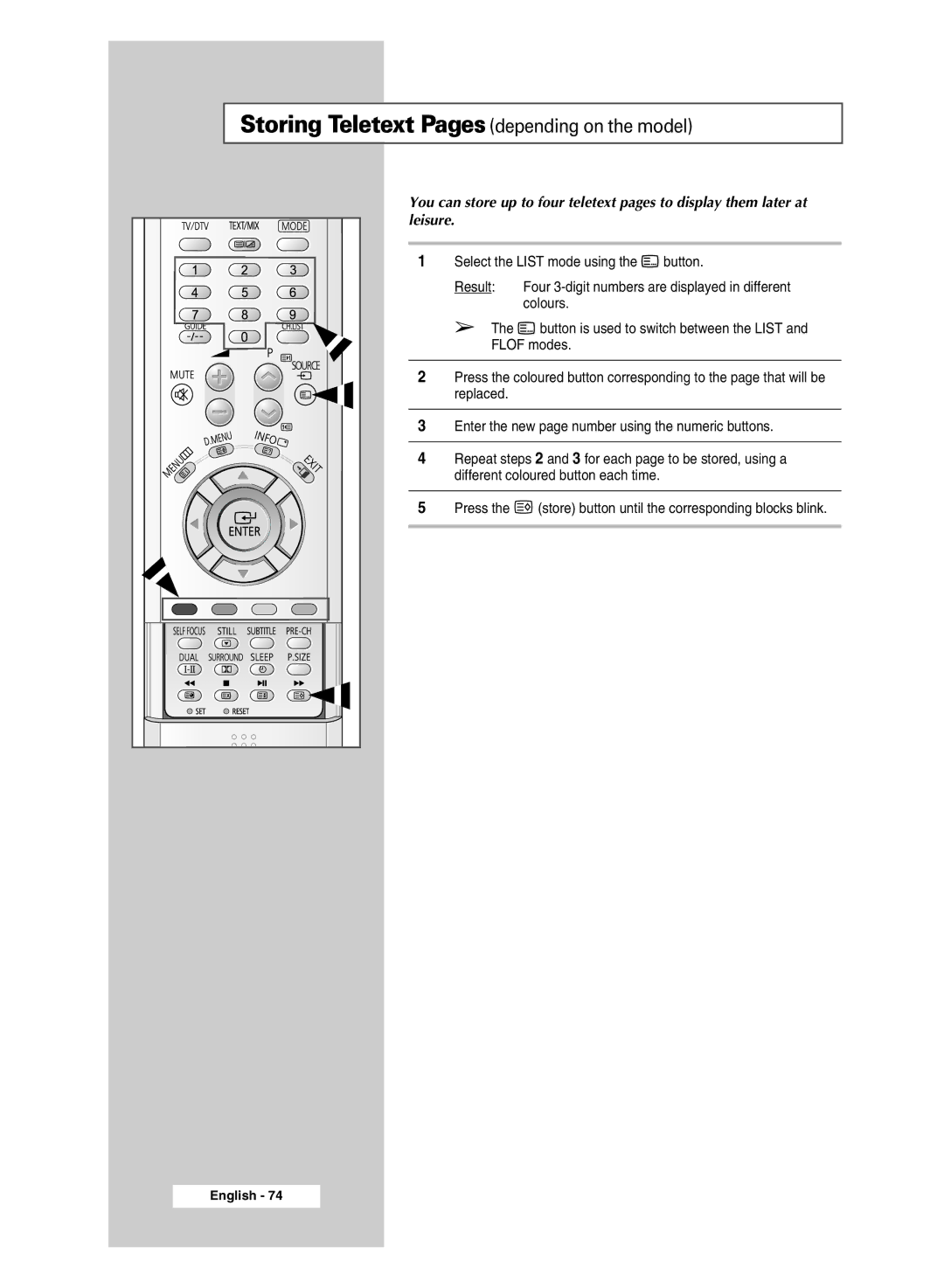 Samsung SP43Q5 manual Storing Teletext Pages depending on the model 