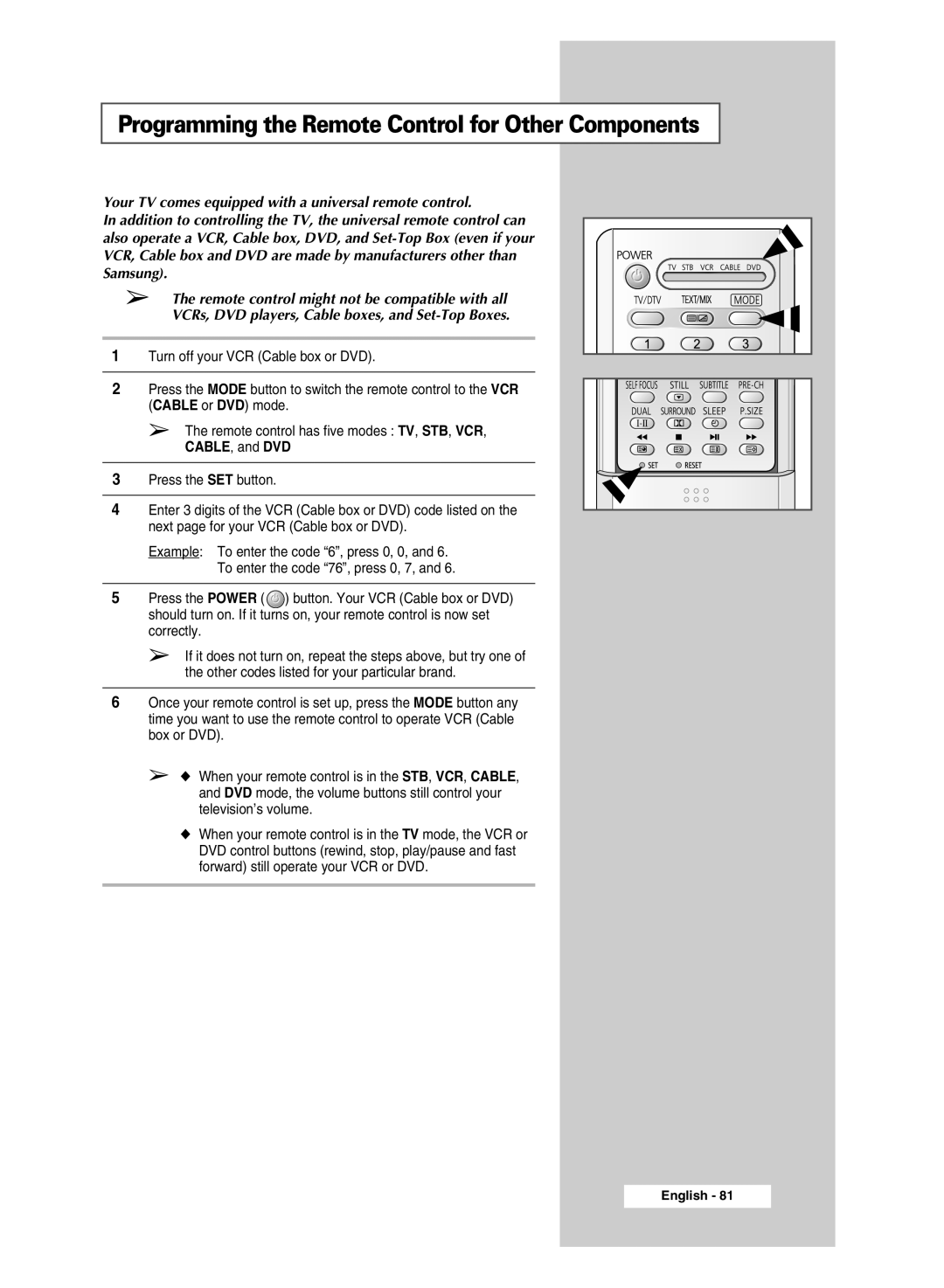 Samsung SP43Q5 manual Programming the Remote Control for Other Components 