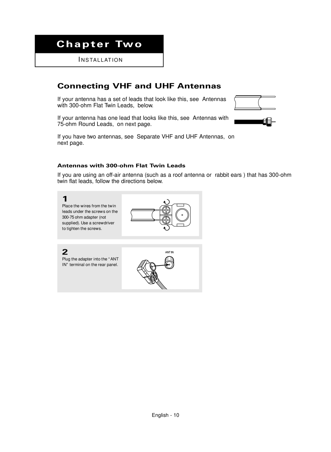 Samsung SP43Q5HL, SP47Q5HL manual Connecting VHF and UHF Antennas, Antennas with 300-ohm Flat Twin Leads 