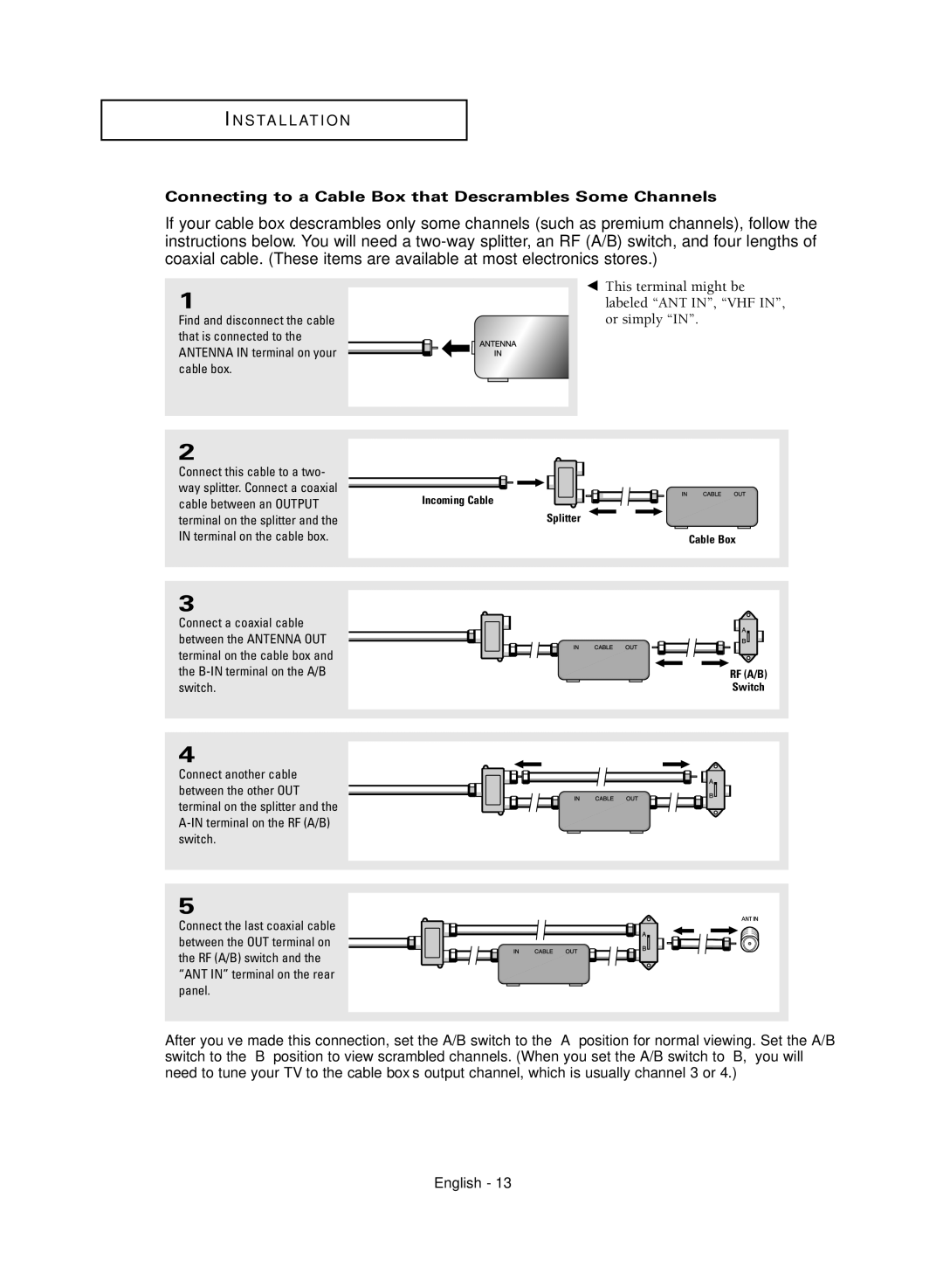 Samsung SP47Q5HL, SP43Q5HL manual Connecting to a Cable Box that Descrambles Some Channels 