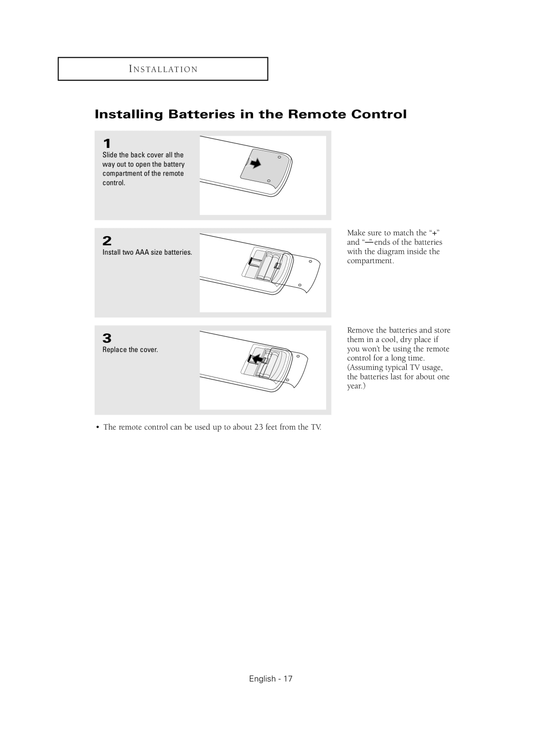 Samsung SP47Q5HL, SP43Q5HL manual Installing Batteries in the Remote Control 