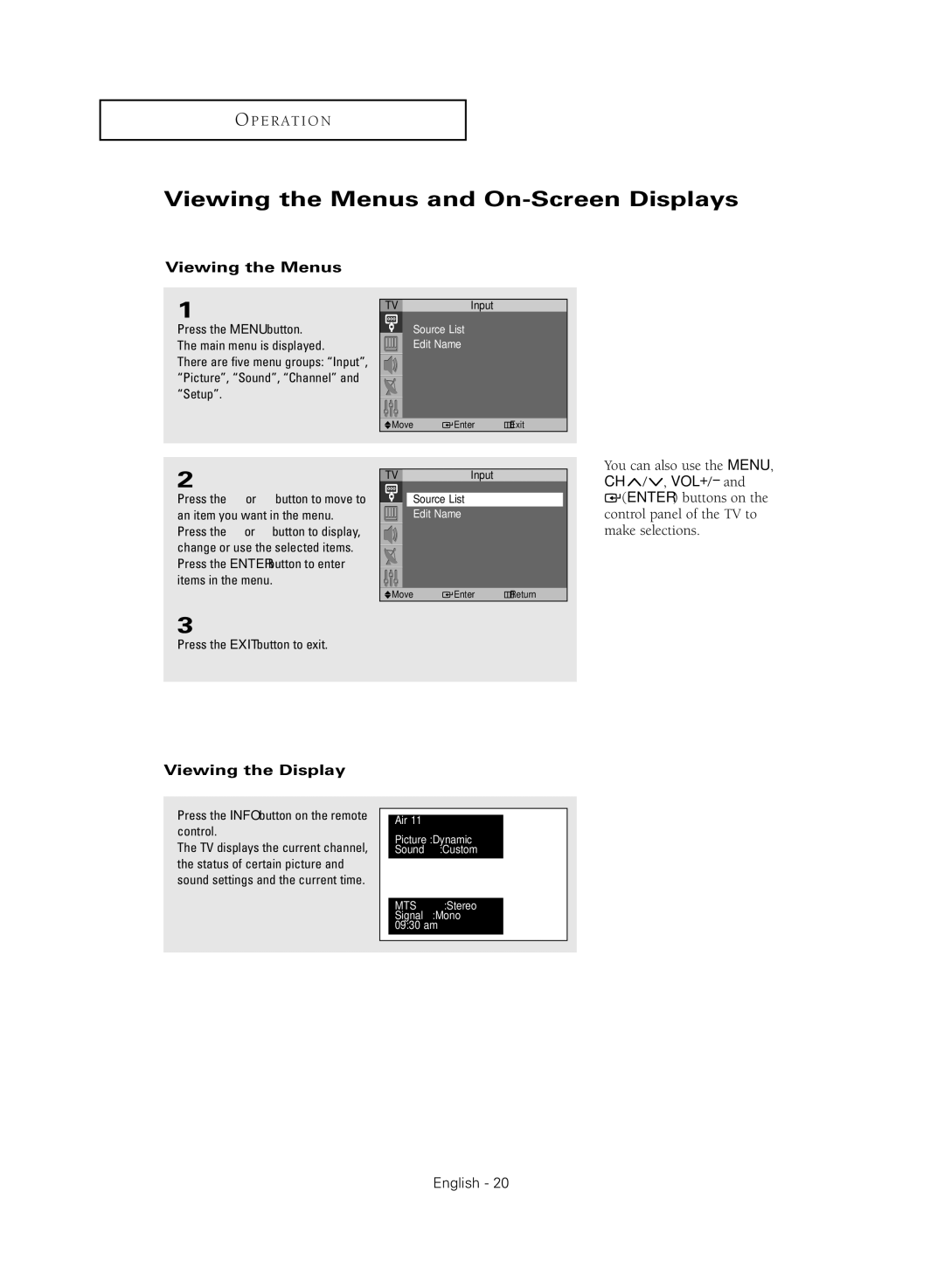 Samsung SP43Q5HL, SP47Q5HL manual Viewing the Menus and On-Screen Displays, Viewing the Display 