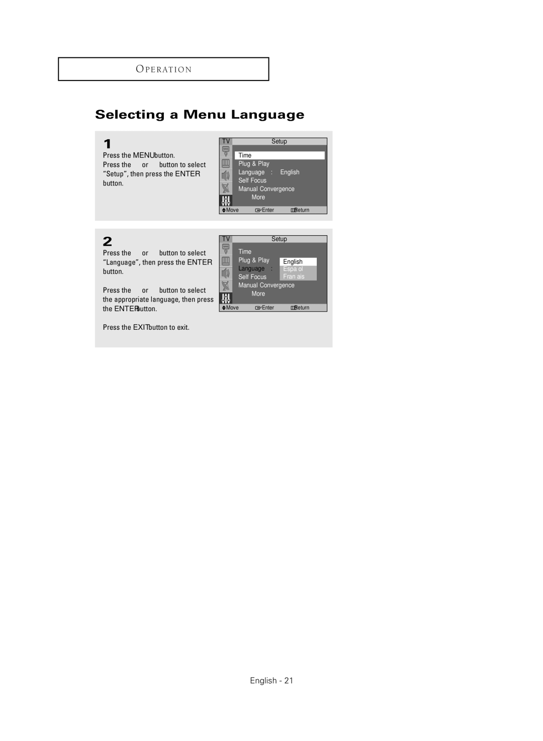 Samsung SP47Q5HL, SP43Q5HL manual Selecting a Menu Language 