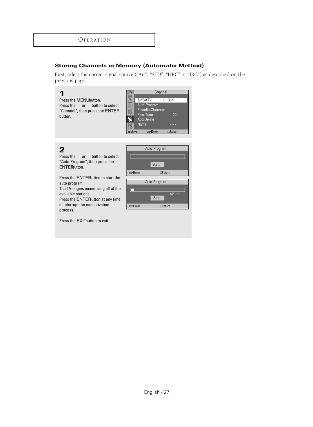 Samsung SP47Q5HL, SP43Q5HL manual Storing Channels in Memory Automatic Method 